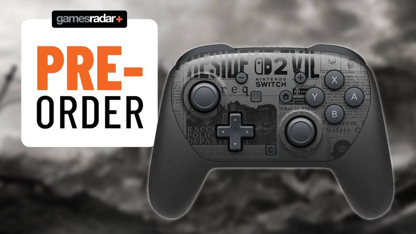 Key art from Capcom from Resident Evil Requiem with an image of the Switch 2 Pro controller sitting on top, and a GamesRadar+ pre-order badge to its left.