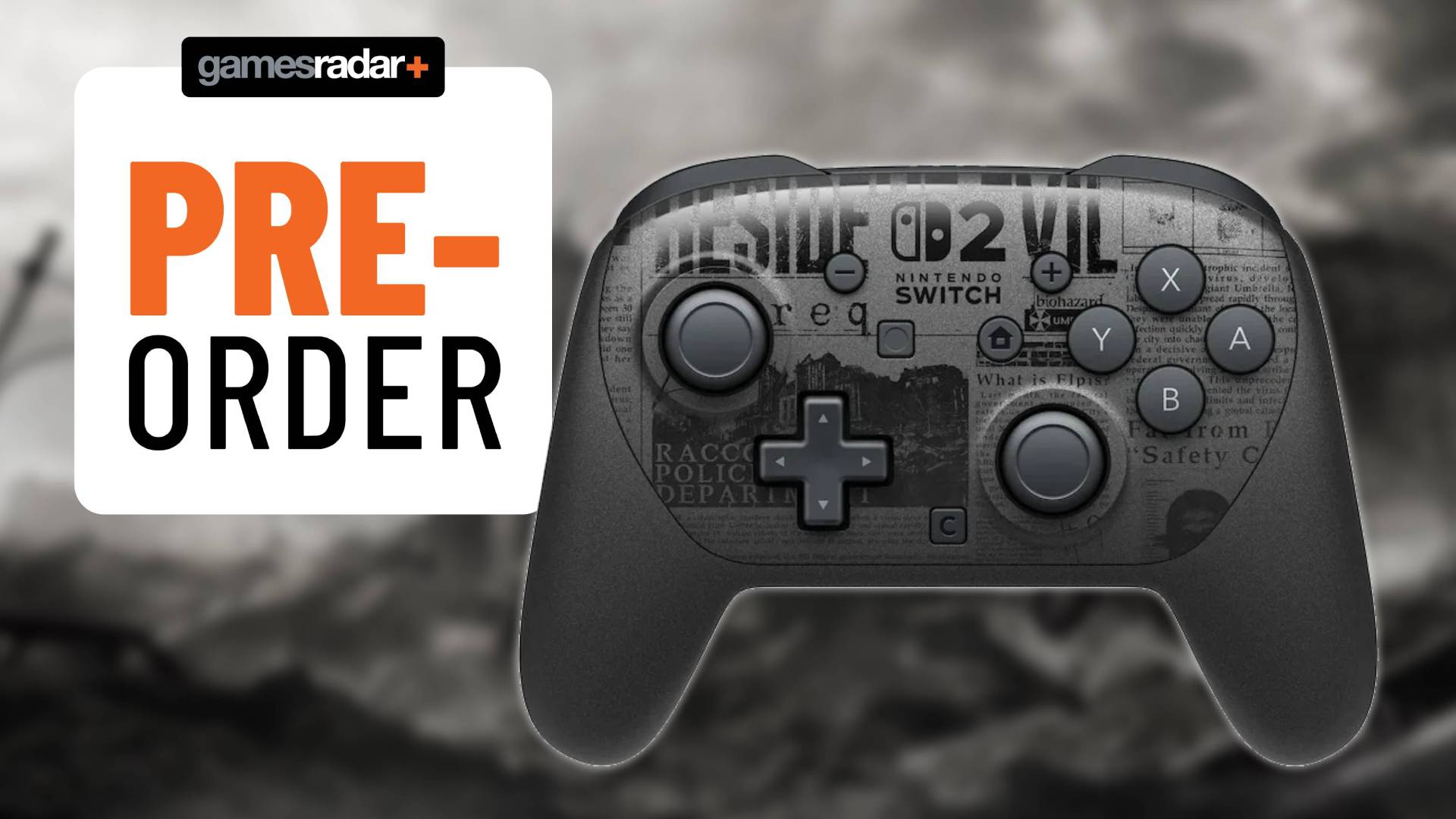 Key art from Capcom from Resident Evil Requiem with an image of the Switch 2 Pro controller sitting on top, and a GamesRadar+ pre-order badge to its left.