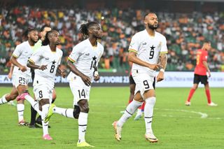 Ghana players celebrate a goal against Mozambique at the African Cup of Nations in January 2024.