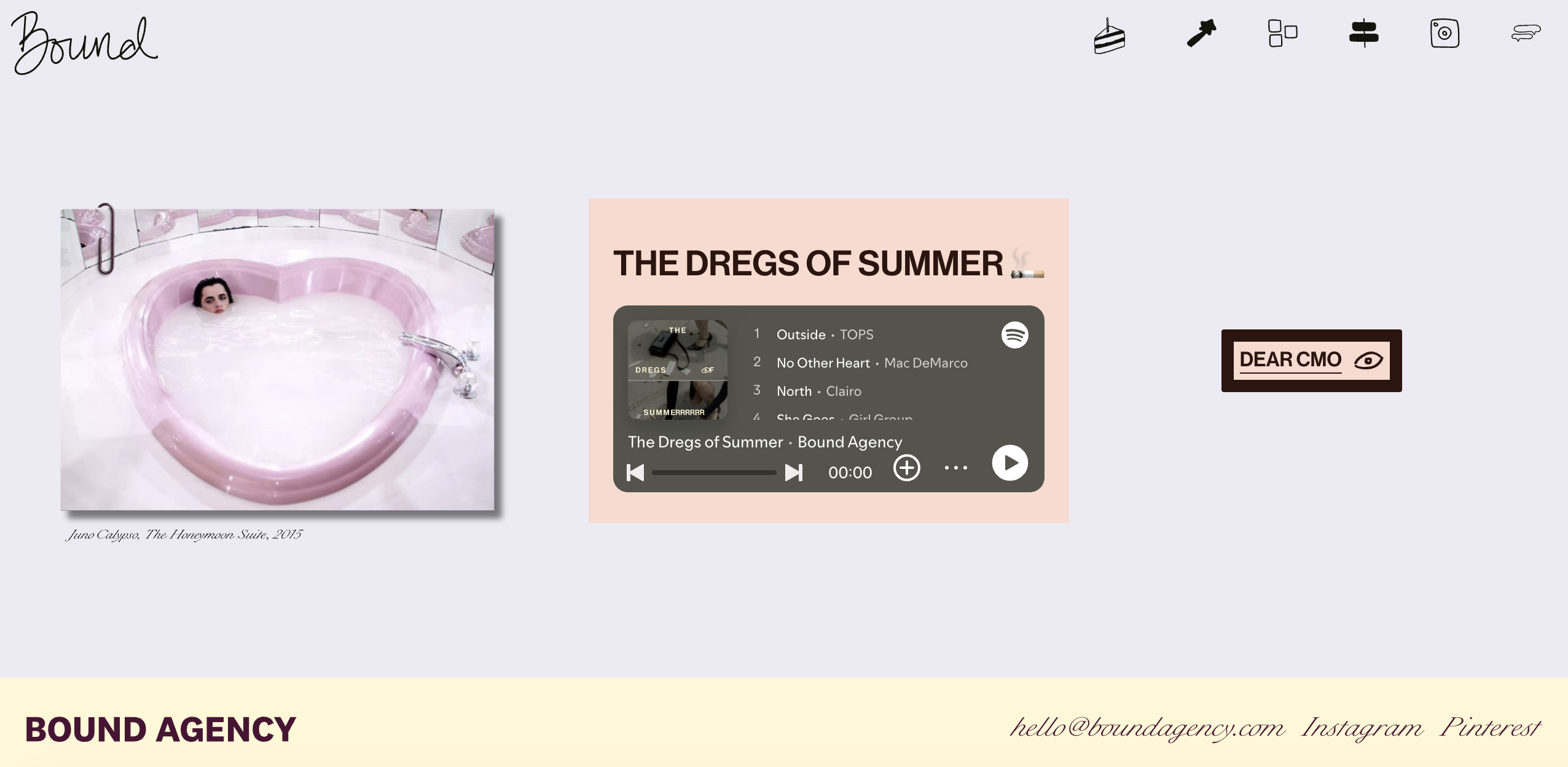Bound Agency&amp;rsquo;s website showing a Juno Calypso photo of a woman submerged in a pink heart-shaped bath, pinned with a paperclip beside a Spotify playlist titled The Dregs of Summer.