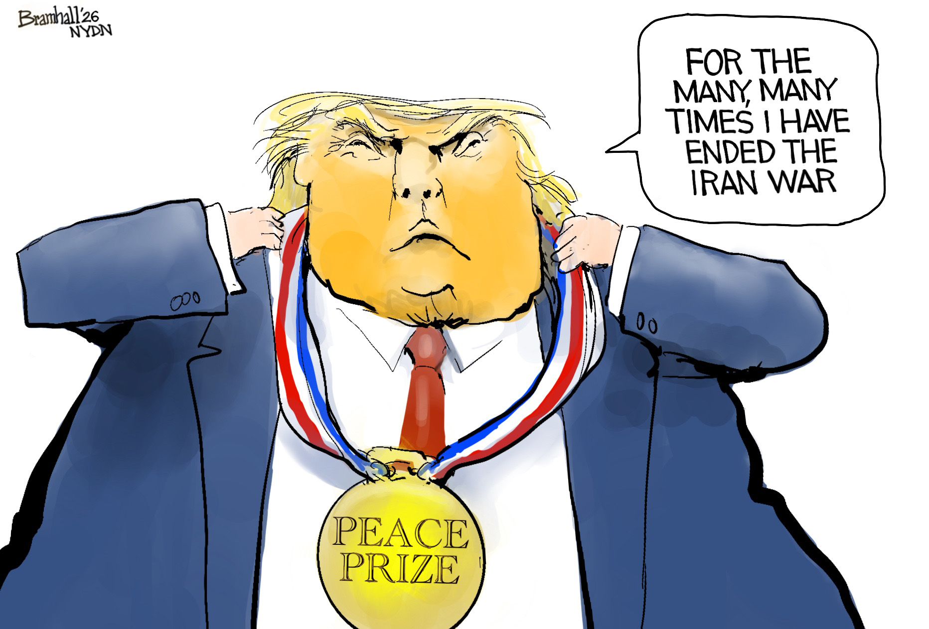 Donald Trump puts a gold Peace Prize medal on himself and says, &amp;ldquo;For the many, many times I have ended the Iran war.&amp;rdquo;