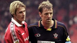 David Beckham and Matt Le Tissier pose for a picture after a match between Manchester United and Southampton in 1999.