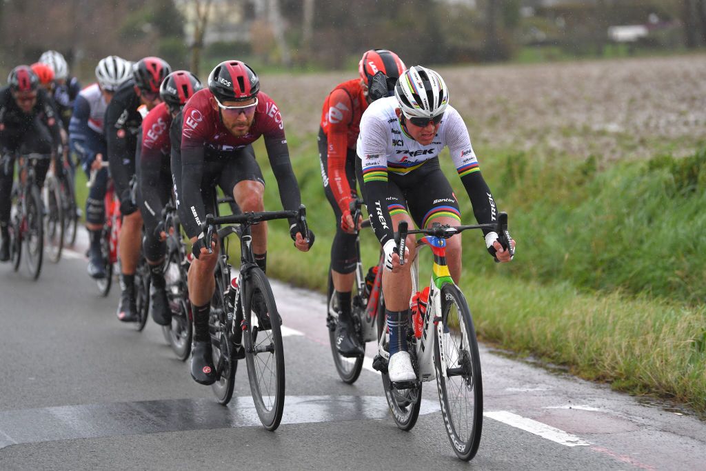 NINOVE BELGIUM FEBRUARY 29 Luke Rowe of United Kingdom and Team INEOS Mads Pedersen of Denmark and Team Trek Segafredo Rain during the 75th Omloop Het Nieuwsblad 2020 Men Race a 200km race from Ghent to Ninove OmloopHNB OHN20 on February 29 2020 in Ninove Belgium Photo by Tim de WaeleGetty Images