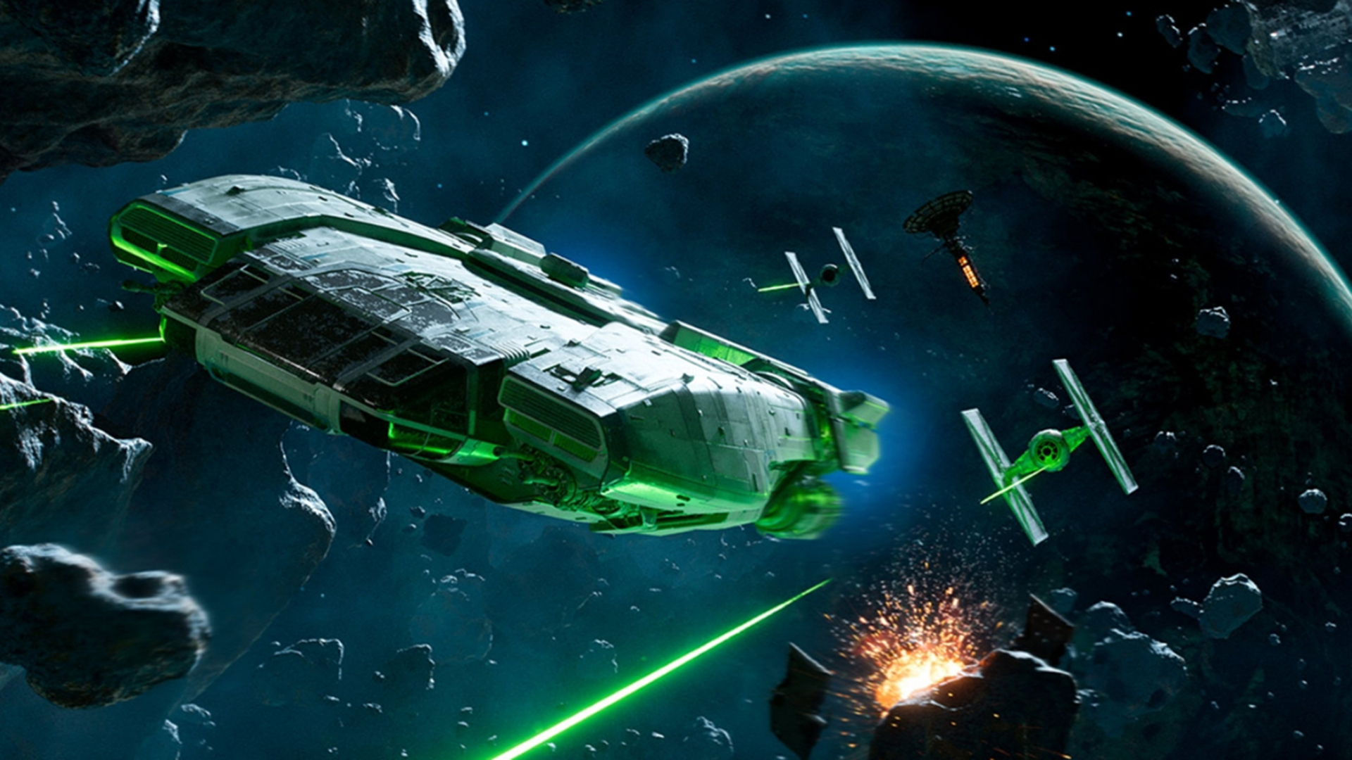 Space ships battling in Star Wars Outlaws for the Switch 2