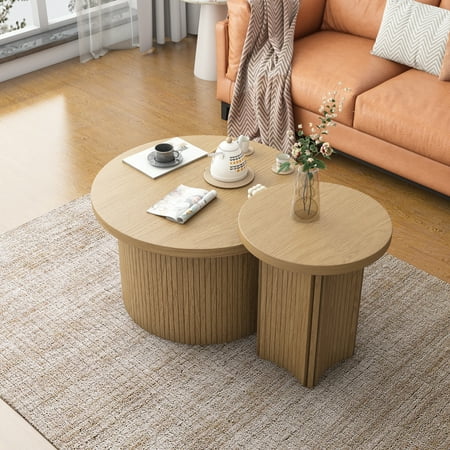 Nesting Coffee Table Set of 2, Wooden Round Coffee Table, Modern Circle Side Table, Accent End Side Table for Living Room, Office, Balcony