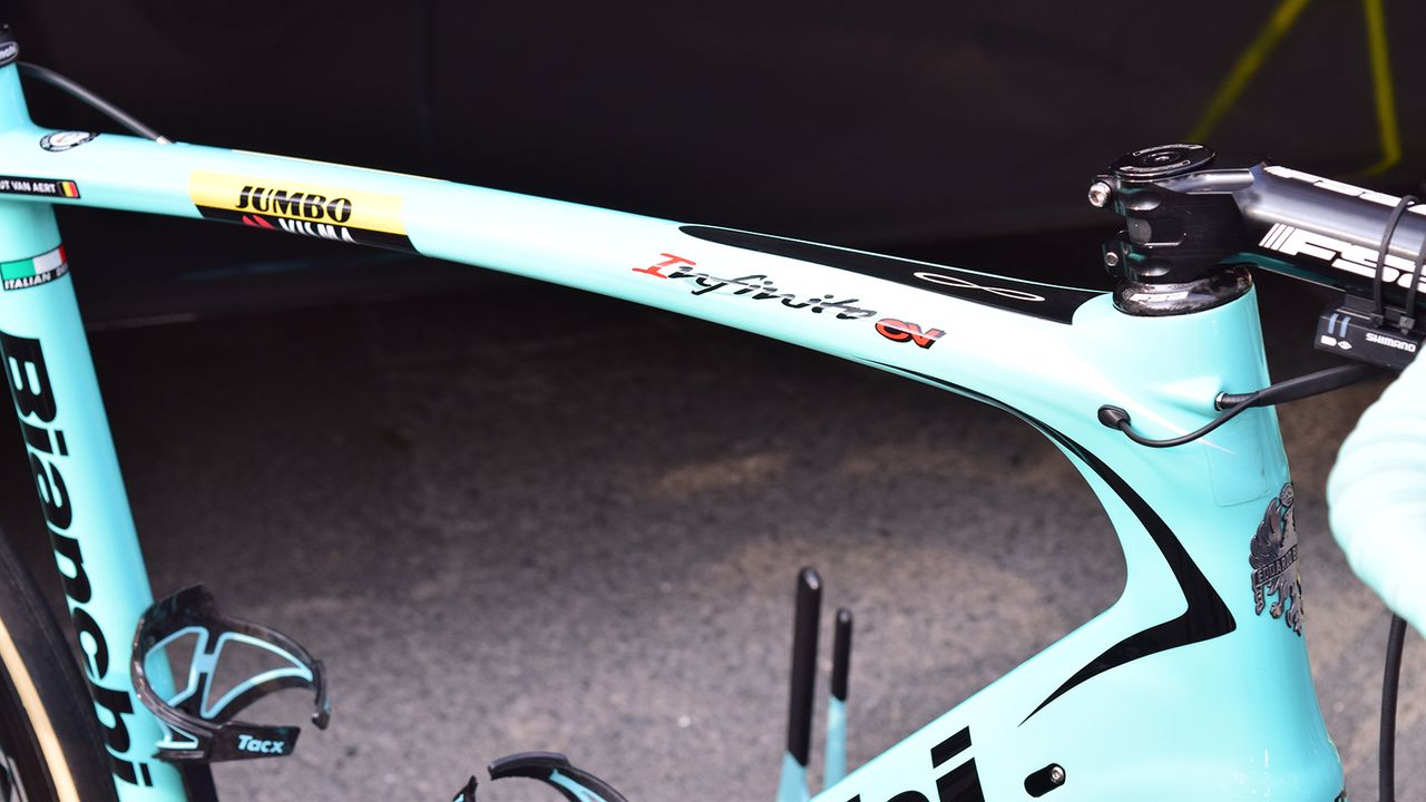 Van Aert raced on a Bianchi Infinito instead of the usual Bianchi Oltre XR4 Jumbo Visma usually race on