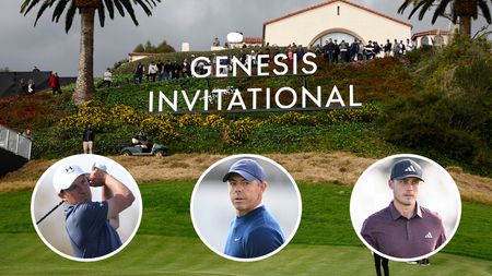 A Genesis Invitational banner, with Jordan Spieth, Rory McIlroy and Ludvig Aberg in circles