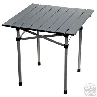 This aluminum roll-up side table is available from Camping World.