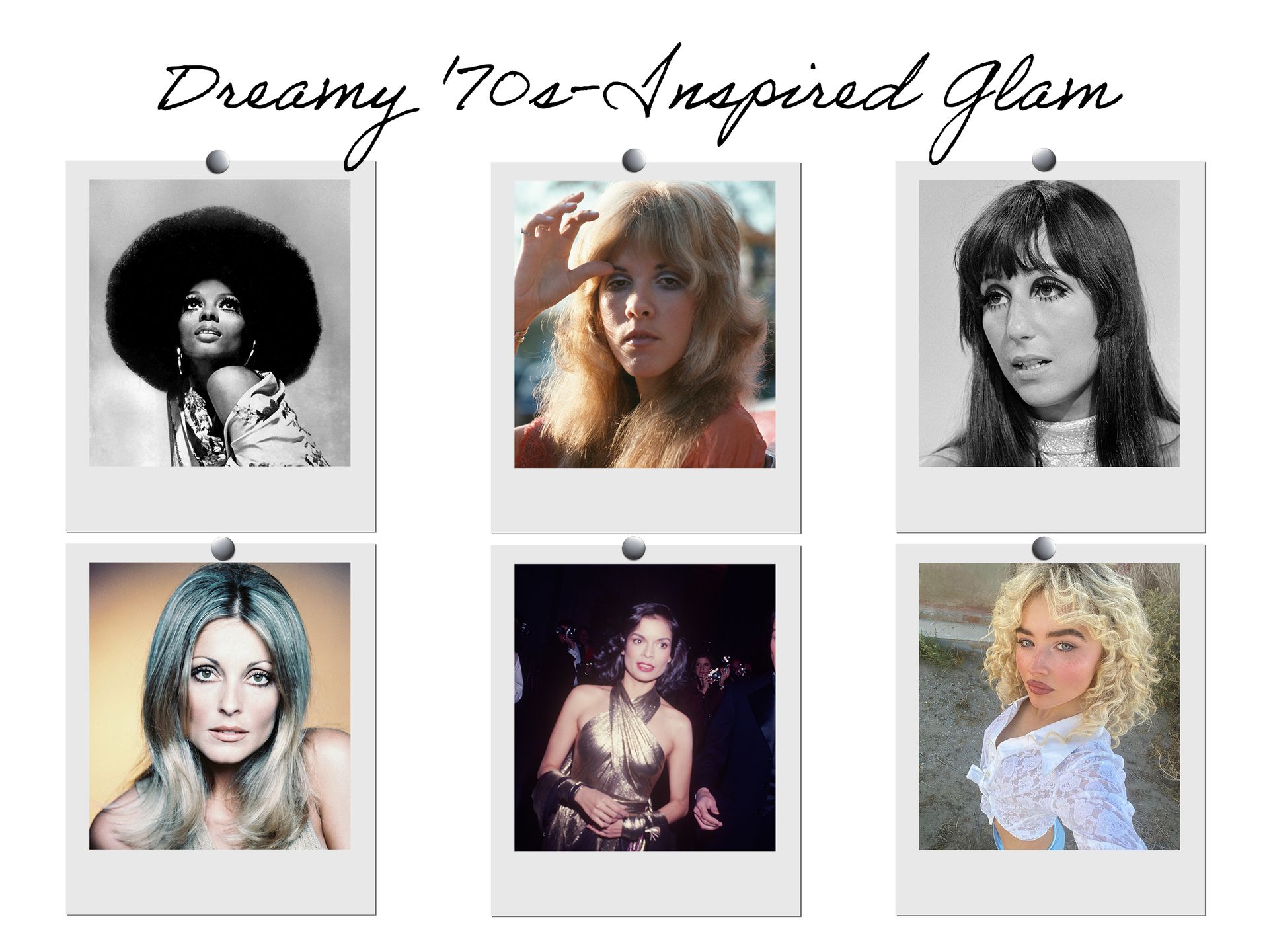A collage of images including photos of Diana Ross, Stevie Nicks, Cher, Sharon Tate, and Bianca Jagger from the 1970s, with a recent image of Sabrina Carpenter wearing '70s glam.