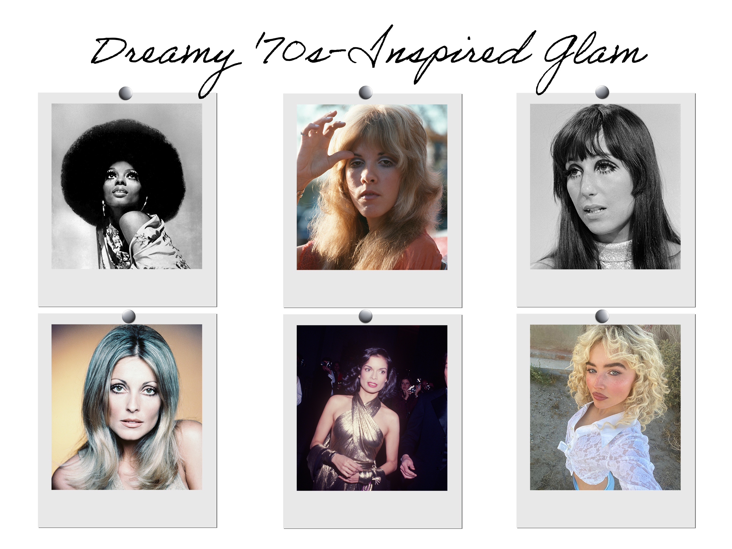 A collage of images including photos of Diana Ross, Stevie Nicks, Cher, Sharon Tate, and Bianca Jagger from the 1970s, with a recent image of Sabrina Carpenter wearing '70s glam.