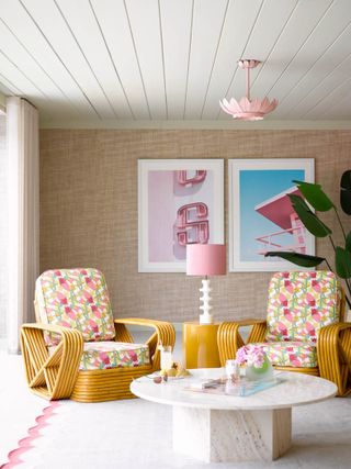 Image of colorful sitting room with pink ceiling light from Pooky