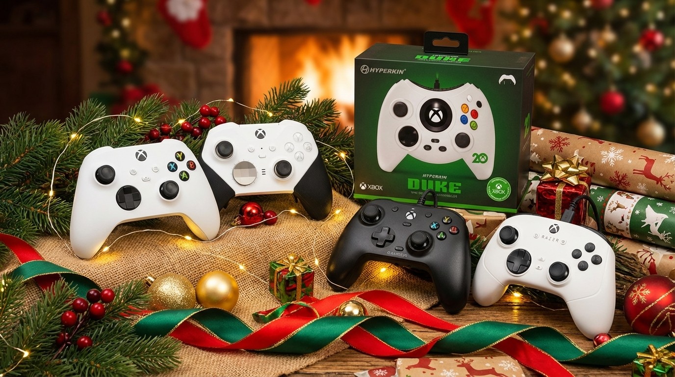 AI-generated header image of several Xbox controllers by Microsoft, Razer, GameSir and Hyperkin visualized. 