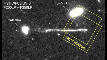 An annotated image of a runaway black hole leaving a streak of new stars in its wake.