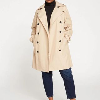 beige trench coat with black buttons