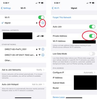 Using a private Wi-Fi address on iPhone and iPad, showing blue "I", and turning on private address.