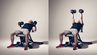 Man demonstrates two positions of the incline hammer press using dumbbells