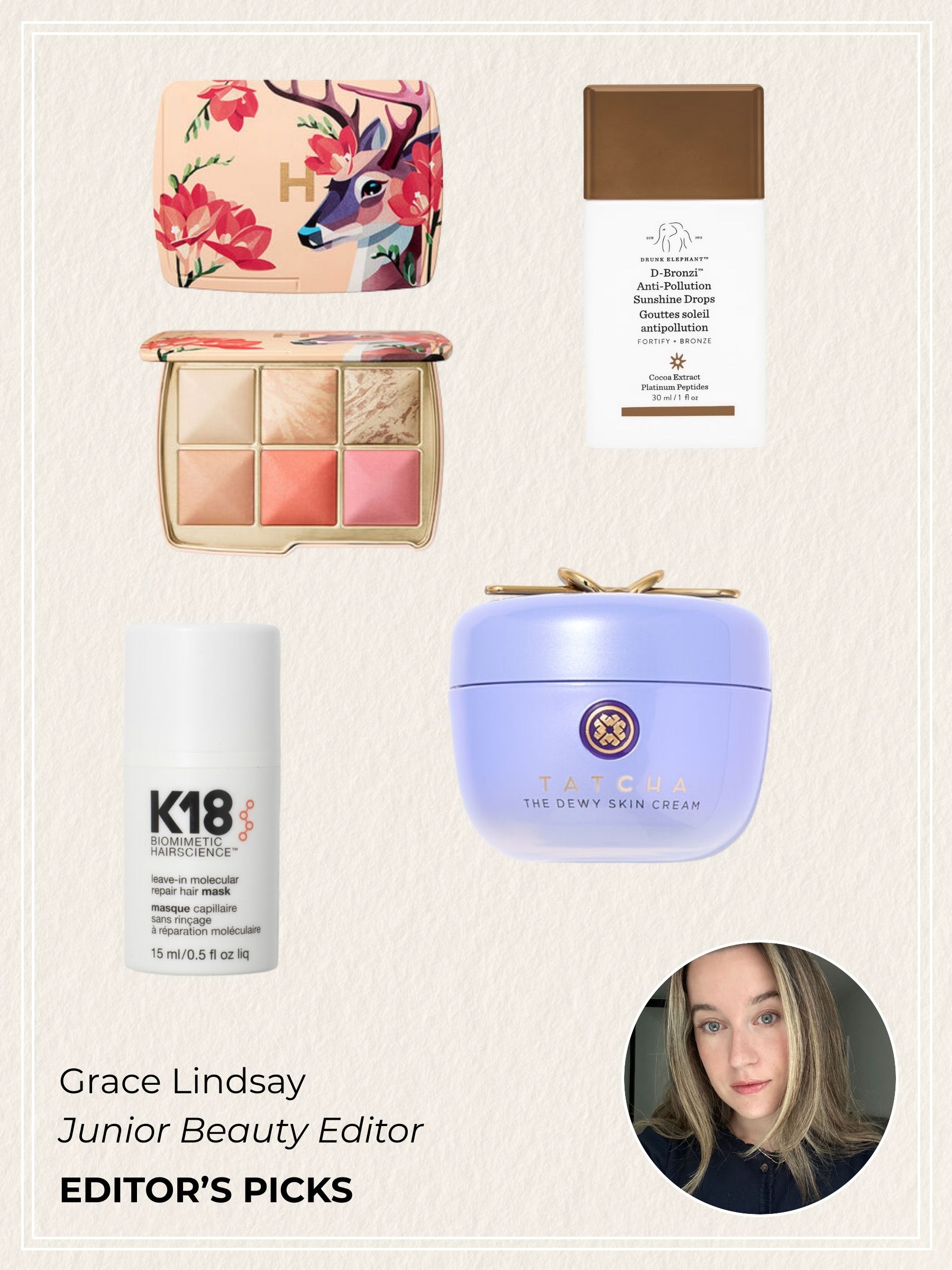 Hourglass Ambient Lighting Edit Unlocked Deer, Drunk Elephant D-Bronzi&amp;trade; Bronzing Drops, K18 Leave-in Molecular Repair Hair Mask, Tatcha The Dewy Skin Cream