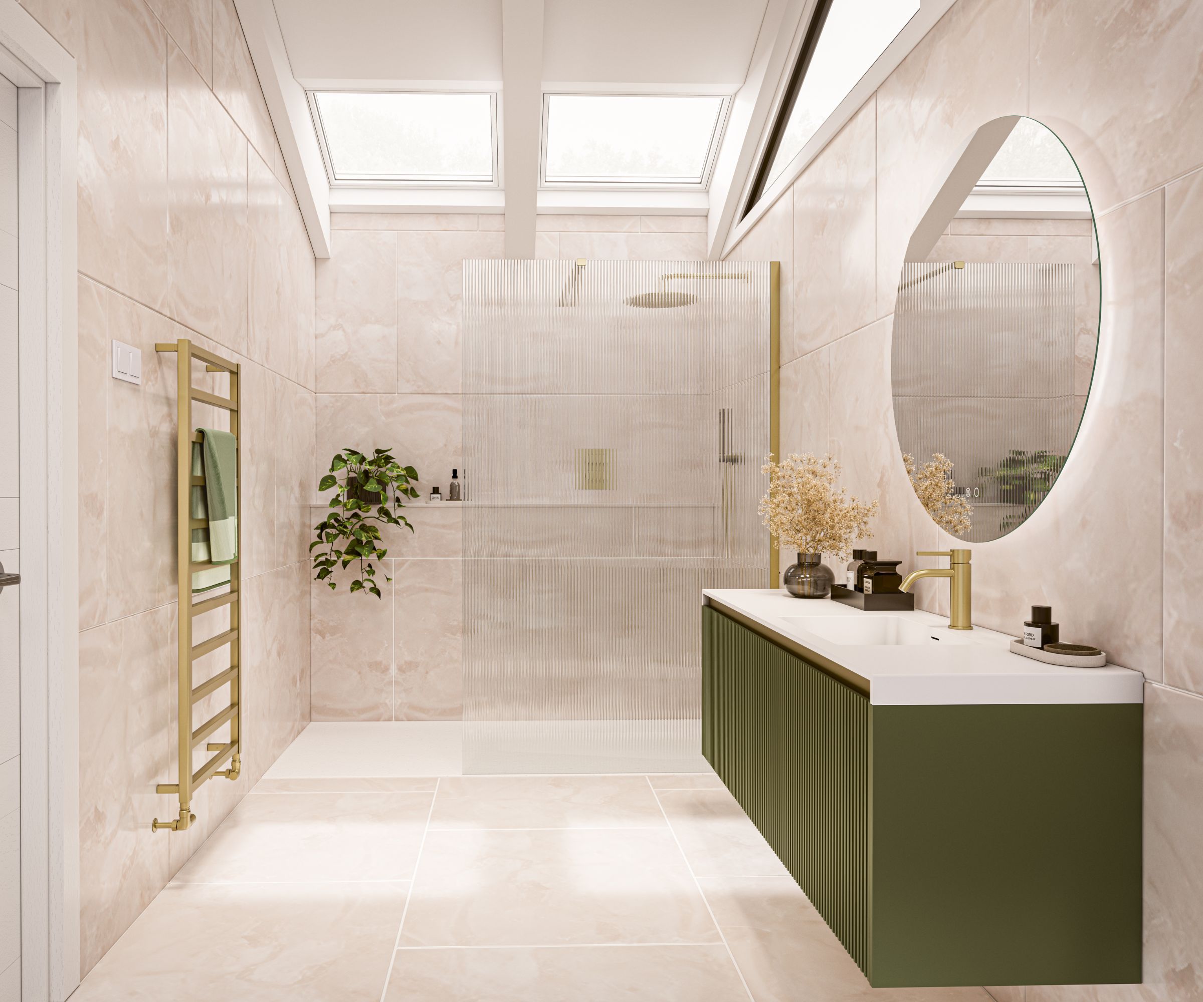 A minimalist bathroom with a green floating vanity, beige wall tiles, and gold accents
