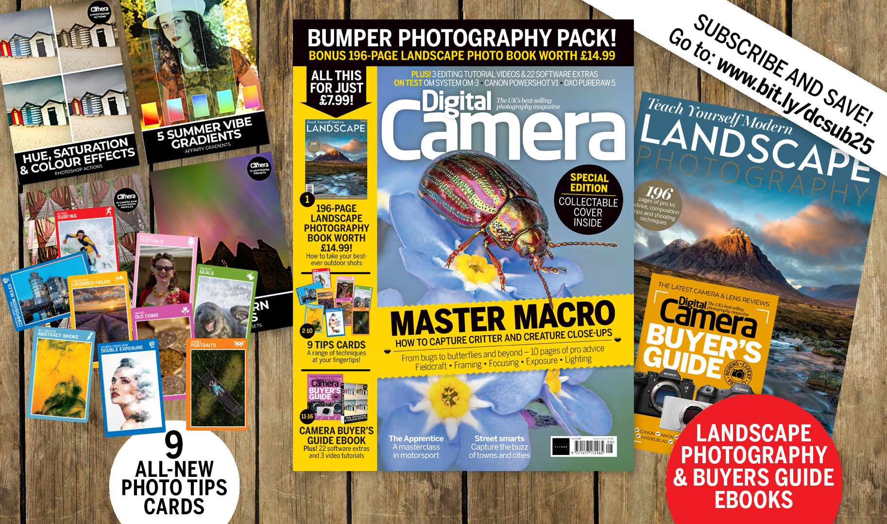 Front cover of issue 297 (August 2025) of Digital Camera magazine and images showing the highlights of the bonus gifts included with the magazine – nine photo tips cards, 3 tutorial videos, 23 software extras and two ebooks