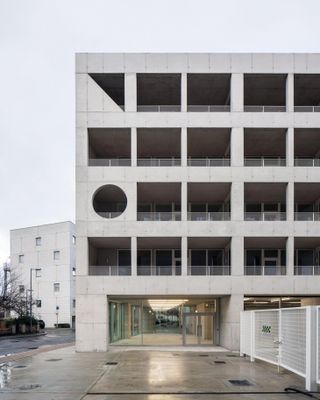 Geometric concrete facade at Guardian House For Artists
