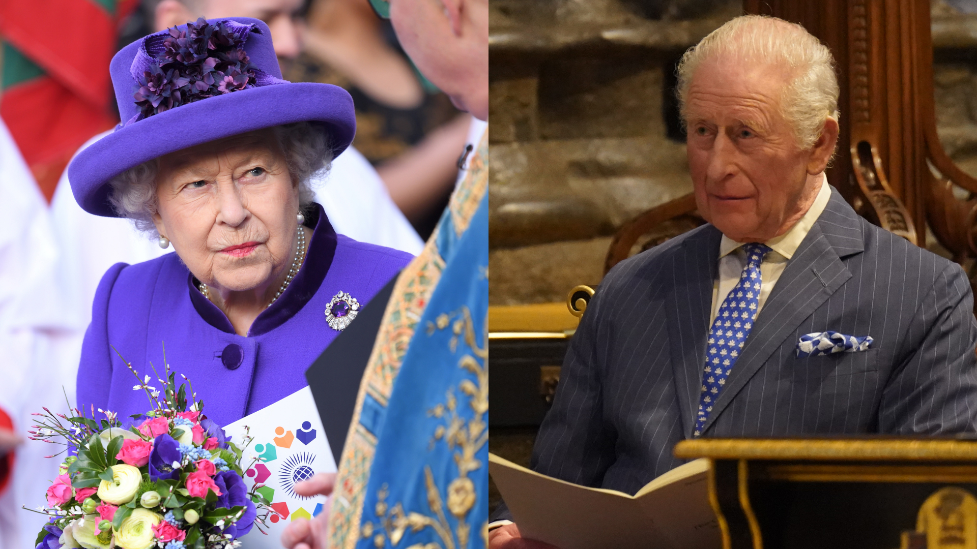 Queen Elizabeth in a purple hat and coat, pursing her lips; King Charles wearing a striped suit sitting in a wooden chair with a book