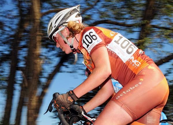 Kate Harris (October Factory Racing) battling on the big climb.