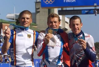 2000 Sydney Olympic time trial podium: Jan Ulrich, Viatcheslav Ekimov and Lance Armstrong