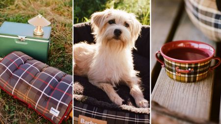 Barbour x Anthropologie indoor-outdoor lifestyle decor and dog accessories, including a tartan floor mat, cordless lantern, round dog bed, and plaid pet bowl