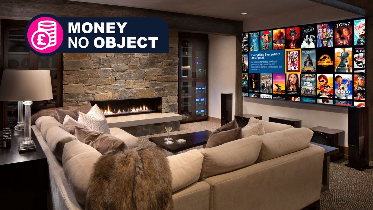 Home theater setting showing Kaleidescape interface on projection screen