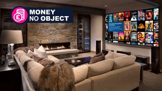 Home theater setting showing Kaleidescape interface on projection screen