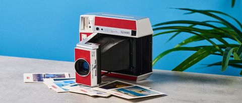 A red and gray Lomography Lomo&#039;Instant Square Glass instant camera