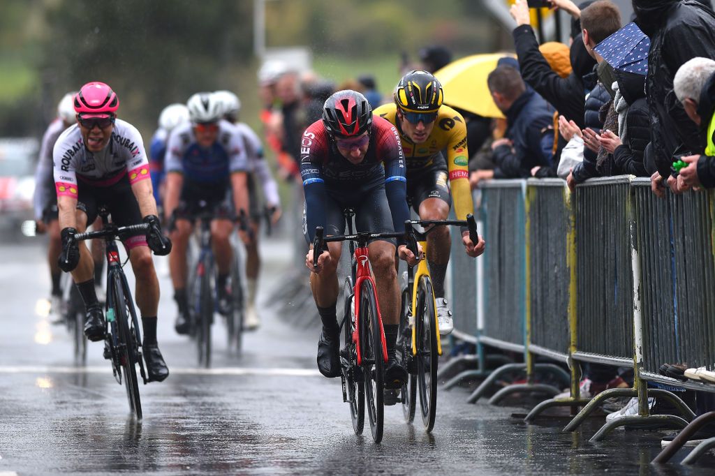 LA CHAPELLESAINTAUBIN FRANCE APRIL 08 LR Elia Viviani of Italy and Team INEOS Grenadiers and Mick Van Dijke of Netherlands and Team Jumbo Visma sprint at finish line during the 68th Circuit Cycliste Sarthe Pays de la Loire 2022 Stage 4 a 1364km stage shortened due to bad weather conditions from La ChapelleSaintAubin to La ChapelleSaintAubin CircuitSarthe on April 08 2022 in La ChapelleSaintAubin France Photo by Dario BelingheriGetty Images