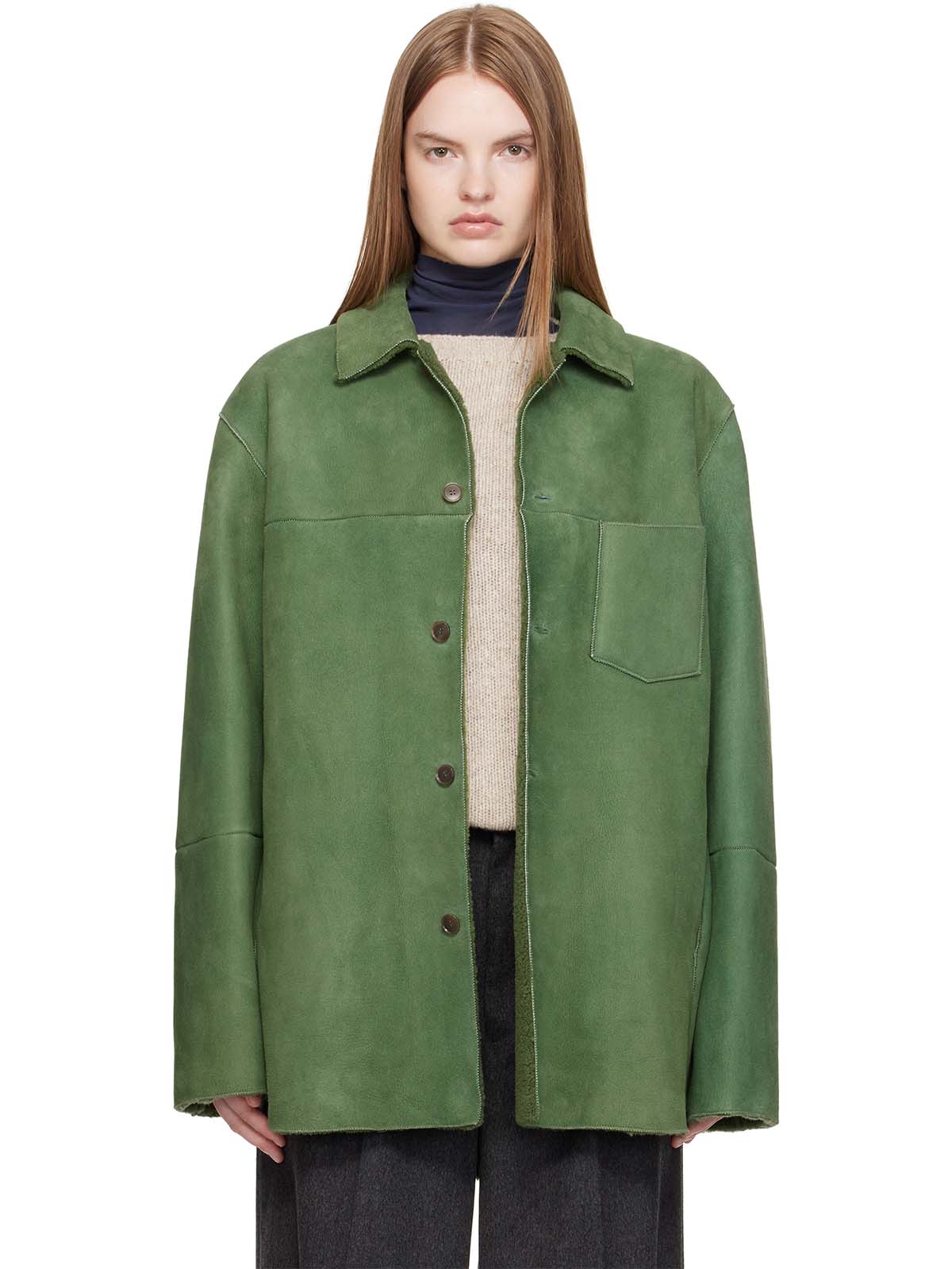 Green Merino Mouton Shearling Shirt Jacket