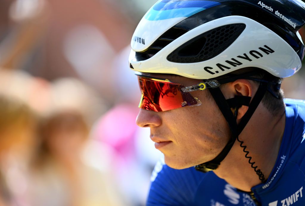 NYBORG DENMARK JULY 02 Detail view of Jasper Philipsen of Belgium and Team AlpecinFenix prior to the 109th Tour de France 2022 Stage 2 a 2022km stage from Roskilde to Nyborg TDF2022 WorldTour on July 02 2022 in Nyborg Denmark Photo by Stuart FranklinGetty Images