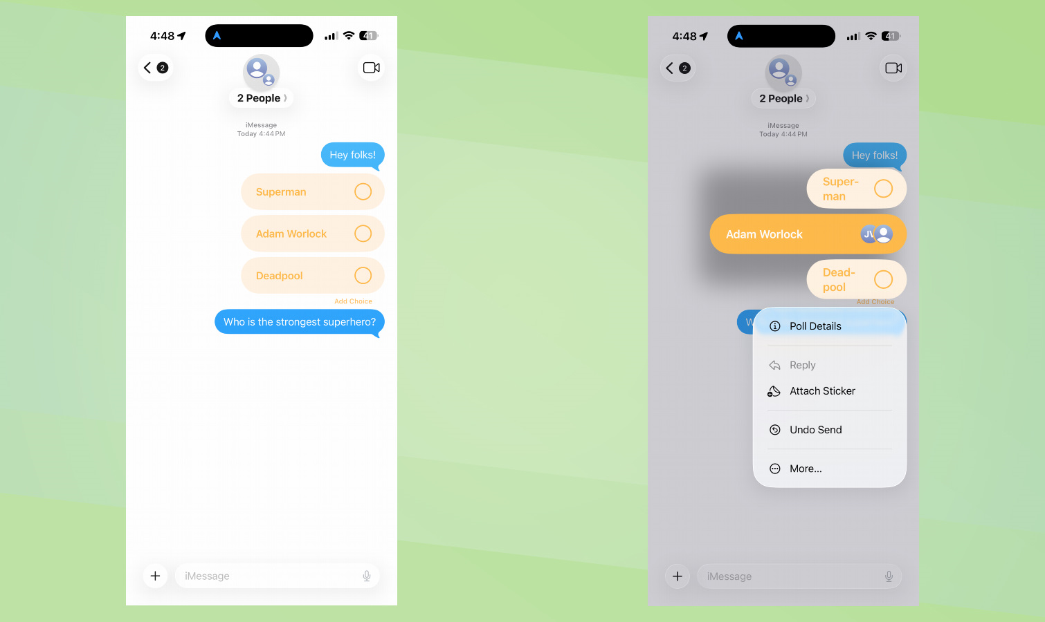 Screenshots of iOS 26 how to create polls in Messages.