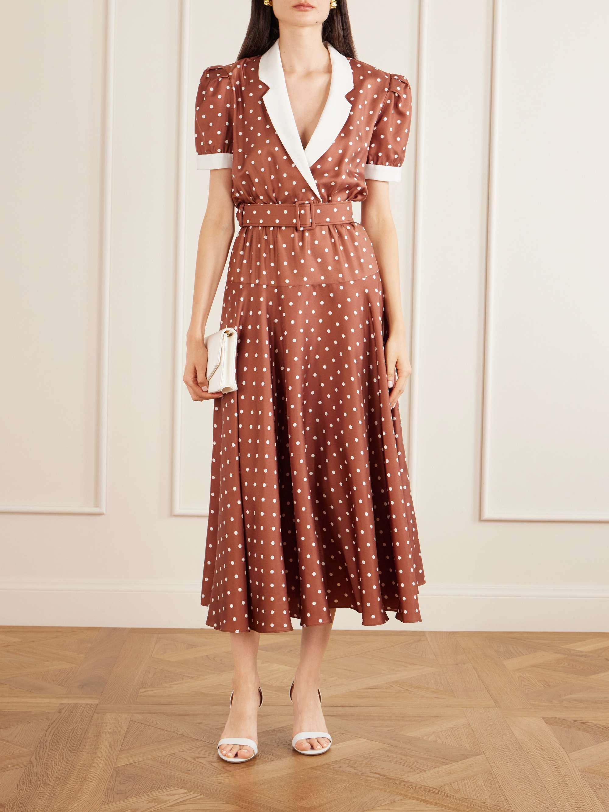 Belted Pleated Polka-Dot Crepe-Trimmed Silk-Twill Midi Dress