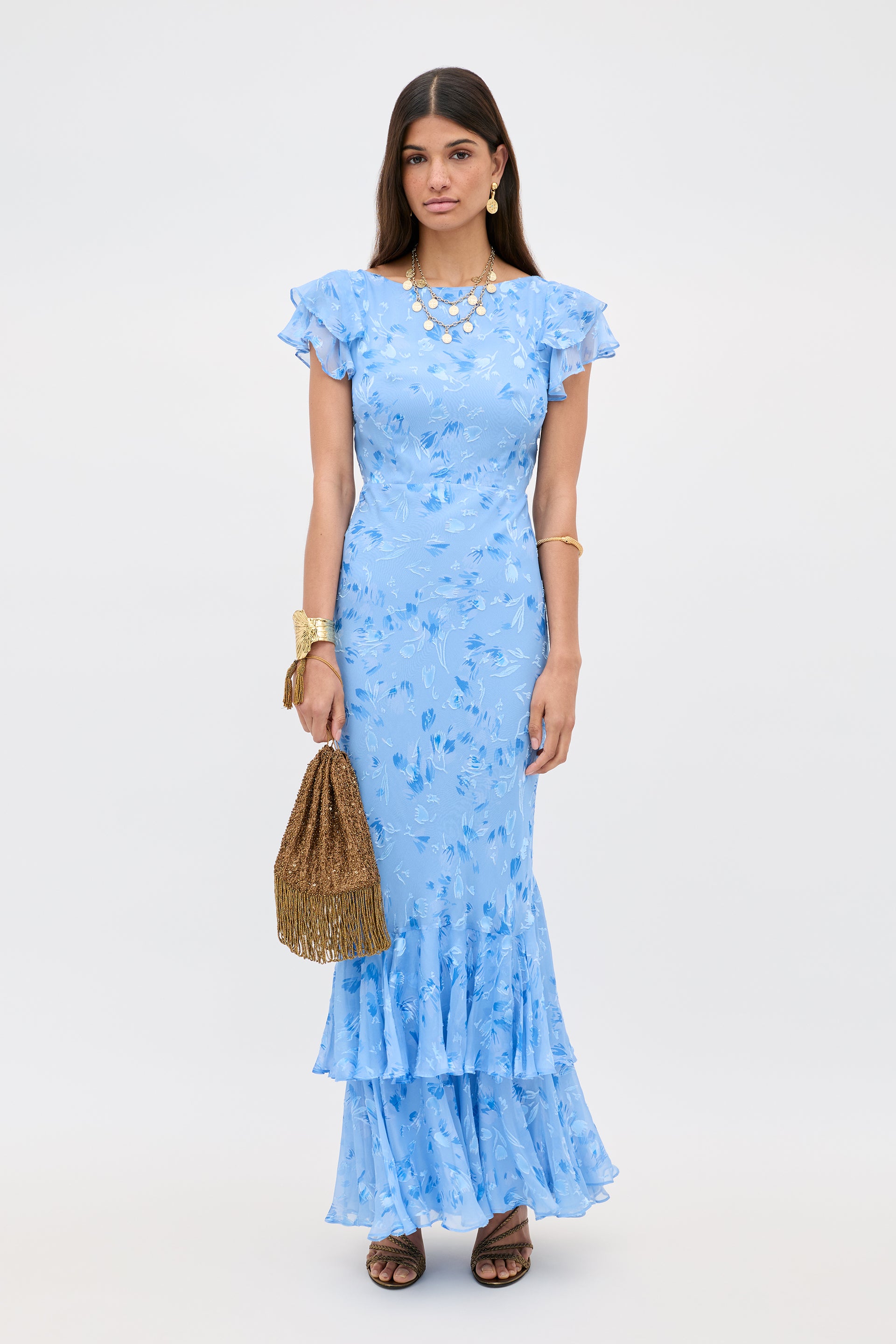 Ordinia Silk-Satin Devor&amp;eacute; Gown in Ava Devore Blue