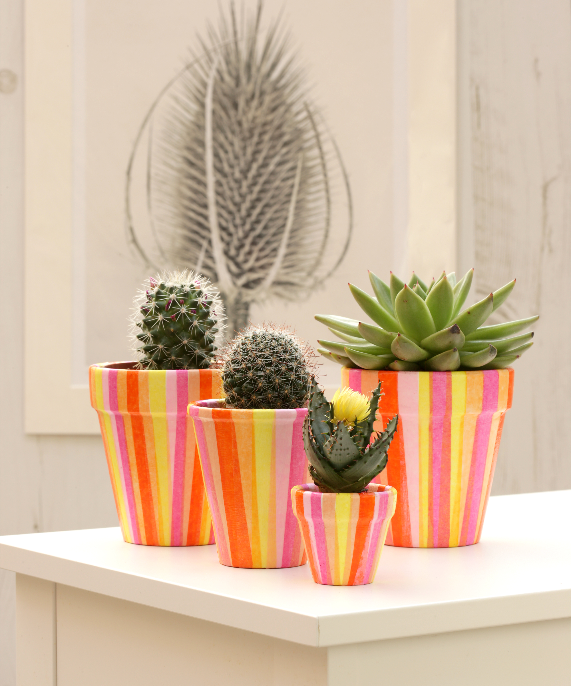 four plant pots painted with colorful stripes