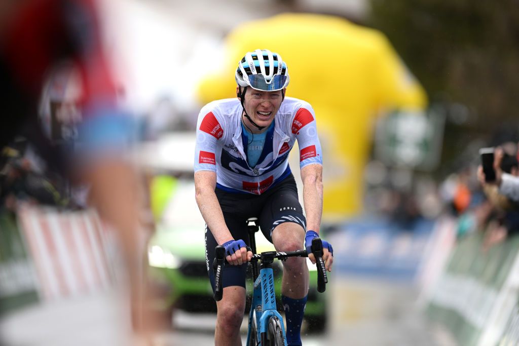 VALAIS THYON 2000 SWITZERLAND APRIL 29 Matteo Jorgenson of The United States and Movistar Team White Best Young Jersey crosses the finish line during the 6th Tour De Romandie 2023 Stage 4 a 1616km stage from Sion to Valais Thyon 2000 2090m UCIWT on April 29 2023 in Sion Switzerland Photo by Dario BelingheriGetty Images