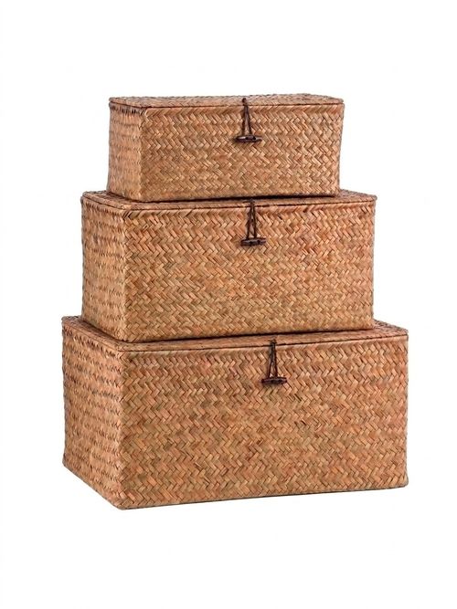 Set of 3 Seagrass Storage Box With Lid