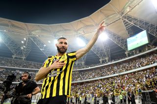 Karim Benzema acknowledges the fans on his official presentation as an Al-Ittihad player in June 2023.