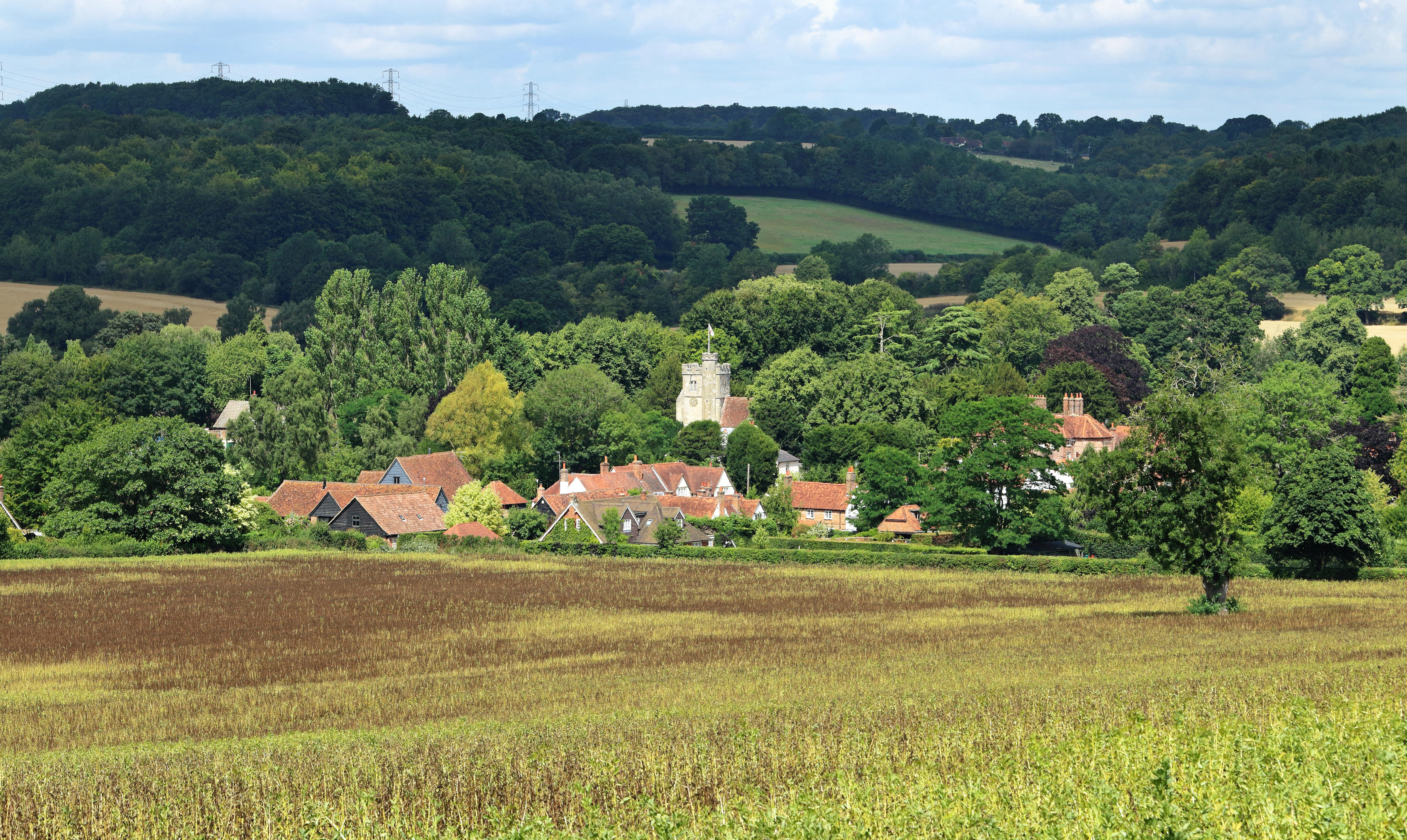 An English Rural Landscape in the Chiltern Hills with Village of Little Missenden in the distance