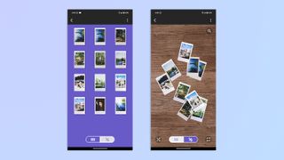 A compilation of screenshots showing the Instax UP! app open on a Google Pixel 7 Pro