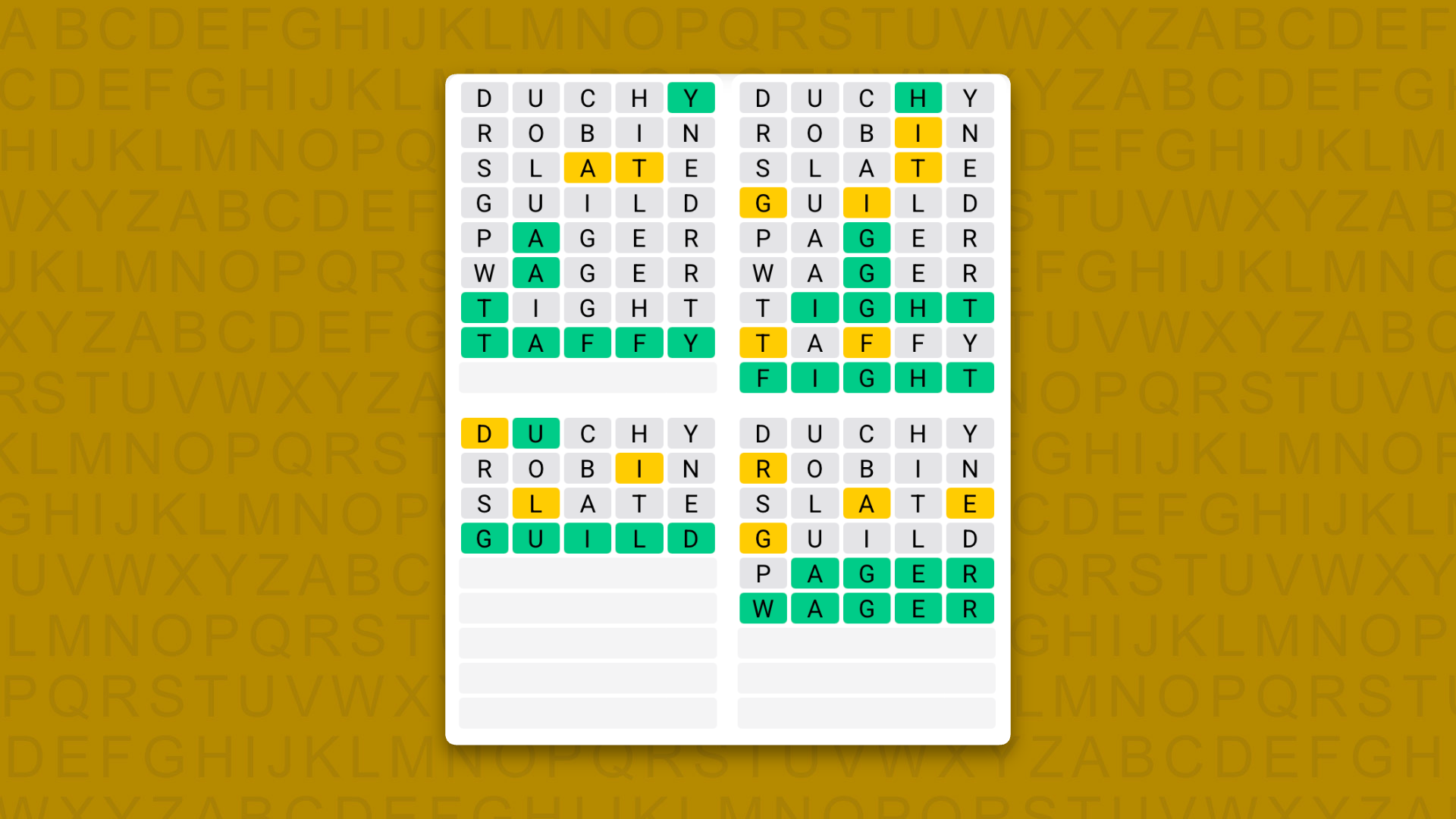 Quordle answers for game 1645 on a yellow background