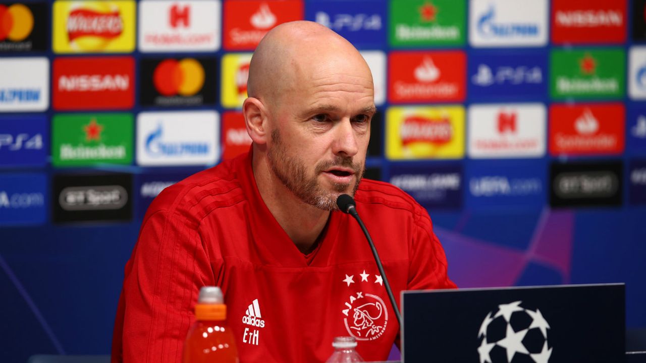 Ajax head coach Erik ten Hag speaks to the media ahead of the semi-final first leg against Tottenham 