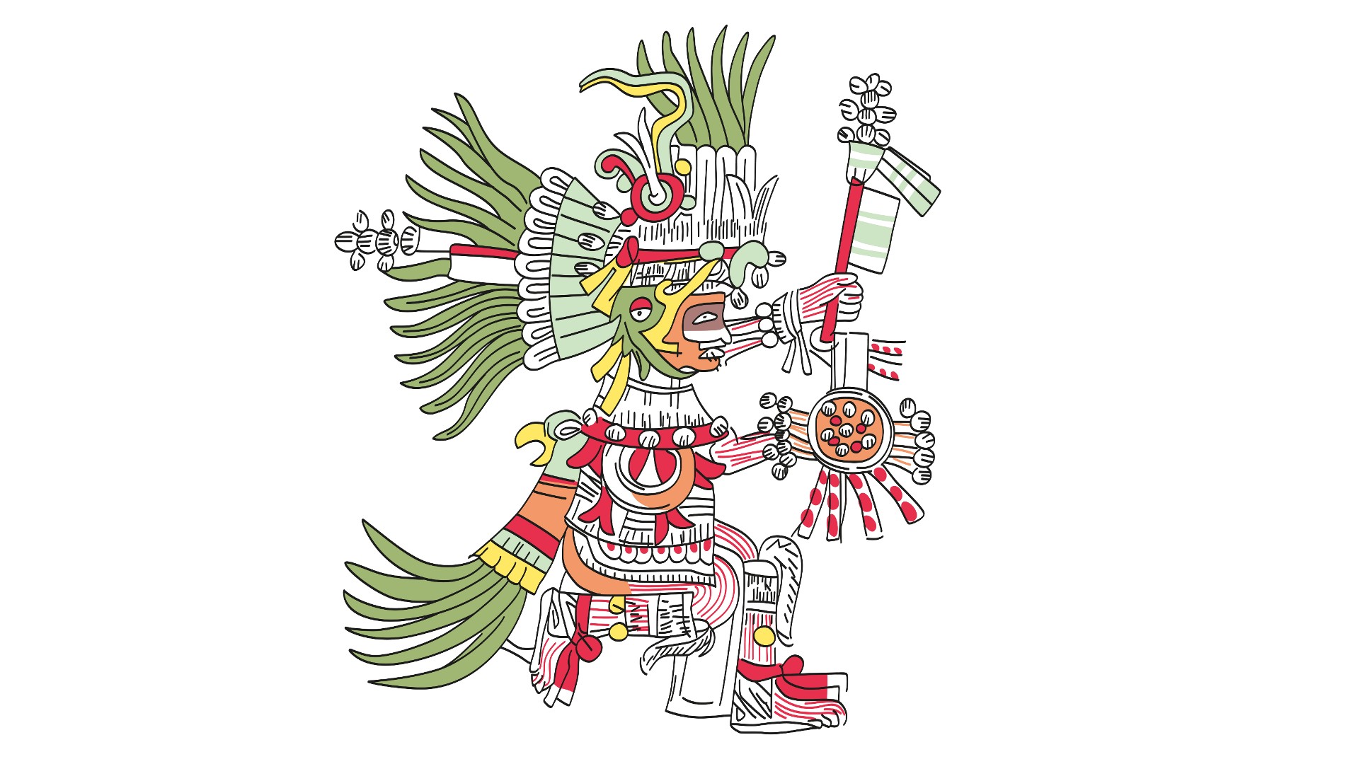 A drawing of the Aztec god Huitzilopochtli. He is depicted mid dance, one foot up, one foot down (bells around both ankles) and both hands out in front – one hand holding a staff and the other a decorated shield. He is wearing an elaborate headdress made out of long, green strands. He also has a cloak that looks like a bird’s head and with long green feathers.