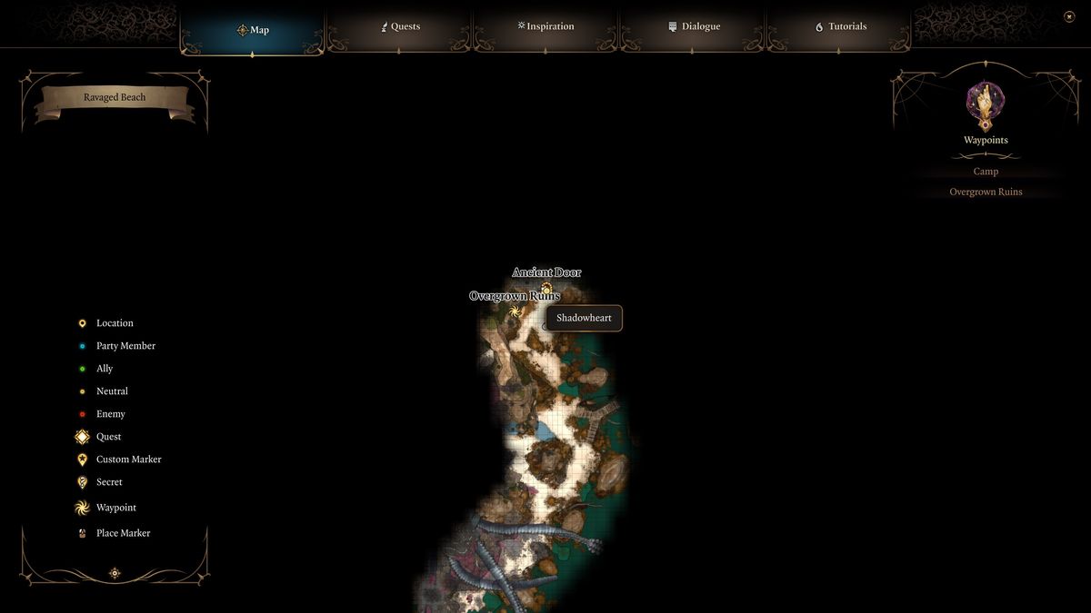 Baldur's Gate 3 - A mpa showing a stretch of beach near the Overgrown Ruins waypoint with Shadowheart nearby