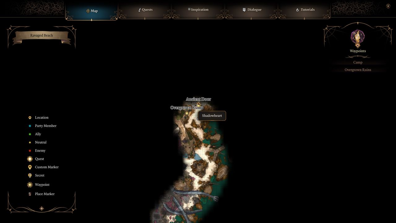 Baldur's Gate 3 - A mpa showing a stretch of beach near the Overgrown Ruins waypoint with Shadowheart nearby