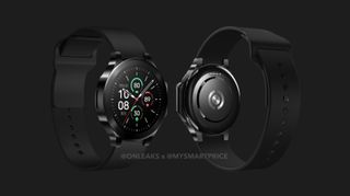 A leaked render of the back and front of the OnePlus Watch 2 in black.