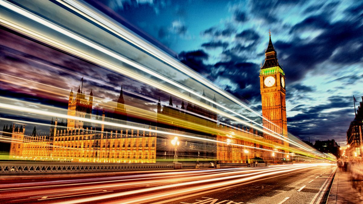 Image of UK Parliament with lights representing fast speeds